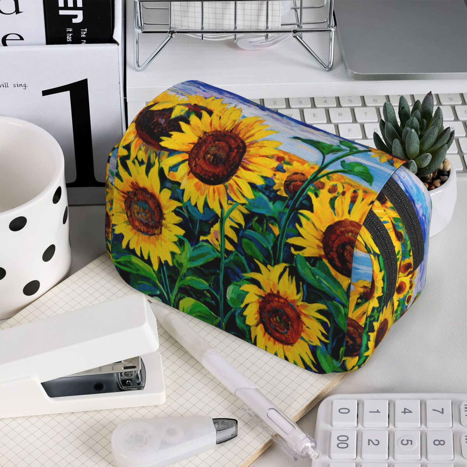 Rateoe Landscape With Sunflowers Pattern Double Clamshell Pen Case, Storage Organizer with Two Zipper Compartments– Holds Up to 50 Pencils & Pens