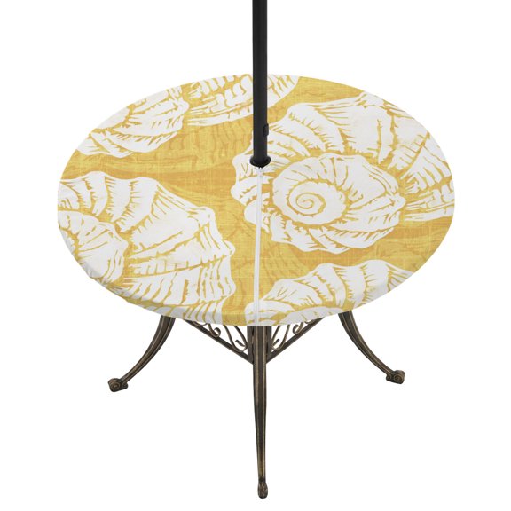 Round Outdoor Tablecloth with Umbrella Hole and Zipper, Vintage Shell Yellow Tablecloth with Elastic Waterproof, Summer Ocean Coastal Patio Table Covers for 36" - 44" Picnic Pool Tables