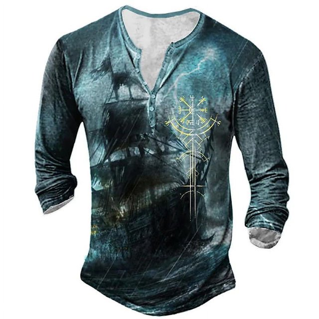 Camiseta Vintage para hombre, camisa de manga larga con cuello en V de imitación de algodón, ropa informal de gran tamaño, Camisa estampada con ancla de barco, otoño