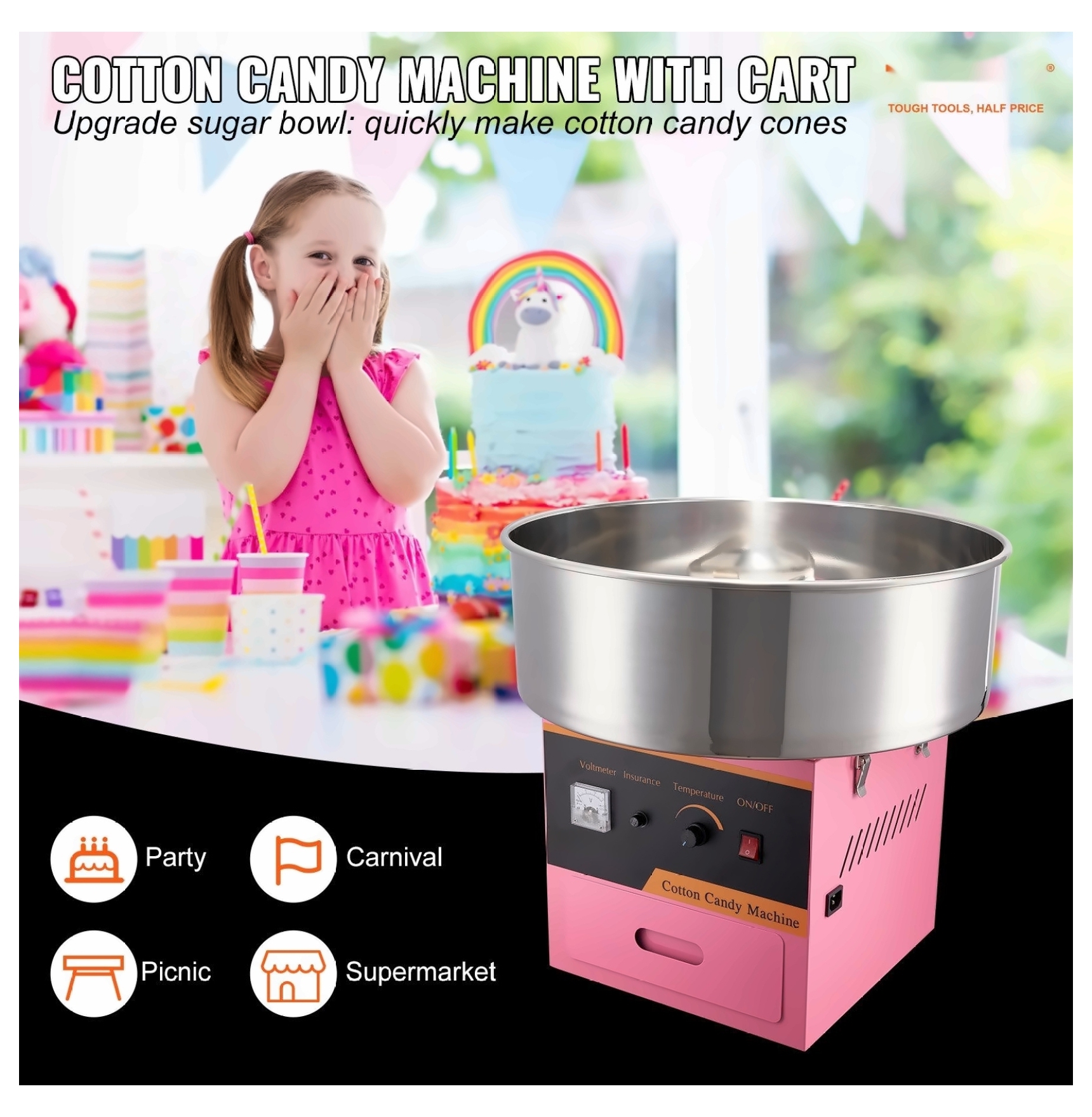 Electric Cotton Candy Machine, 1050W Candy Floss Maker, Commercial Grade with Stainless Steel Bowl, Pink, for Home Parties & Events
