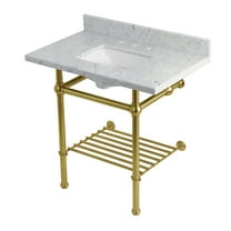 Kingston Brass KVPB36MBSQB7 Templeton 36" Carrara Marble Console Sink with Brass Legs and Shelf (8-Inch, 3-Hole), Carrara Marble White/Brushed Brass