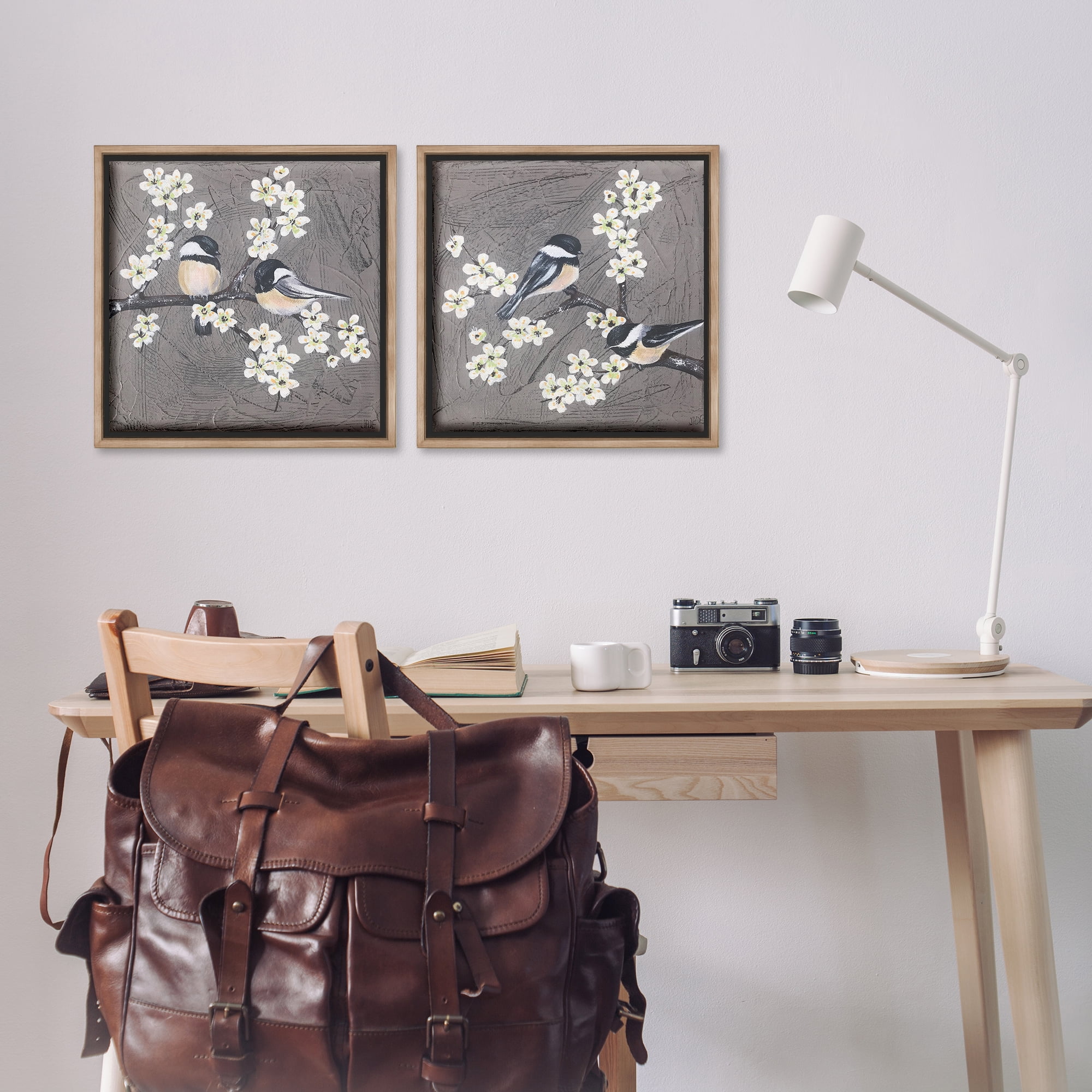 Stupell Industries Chickadee Birds Flowering Branch Animals Painting Brown Floater Framed Canvas Art Print Wall Art, 18 x 18, Set of 2