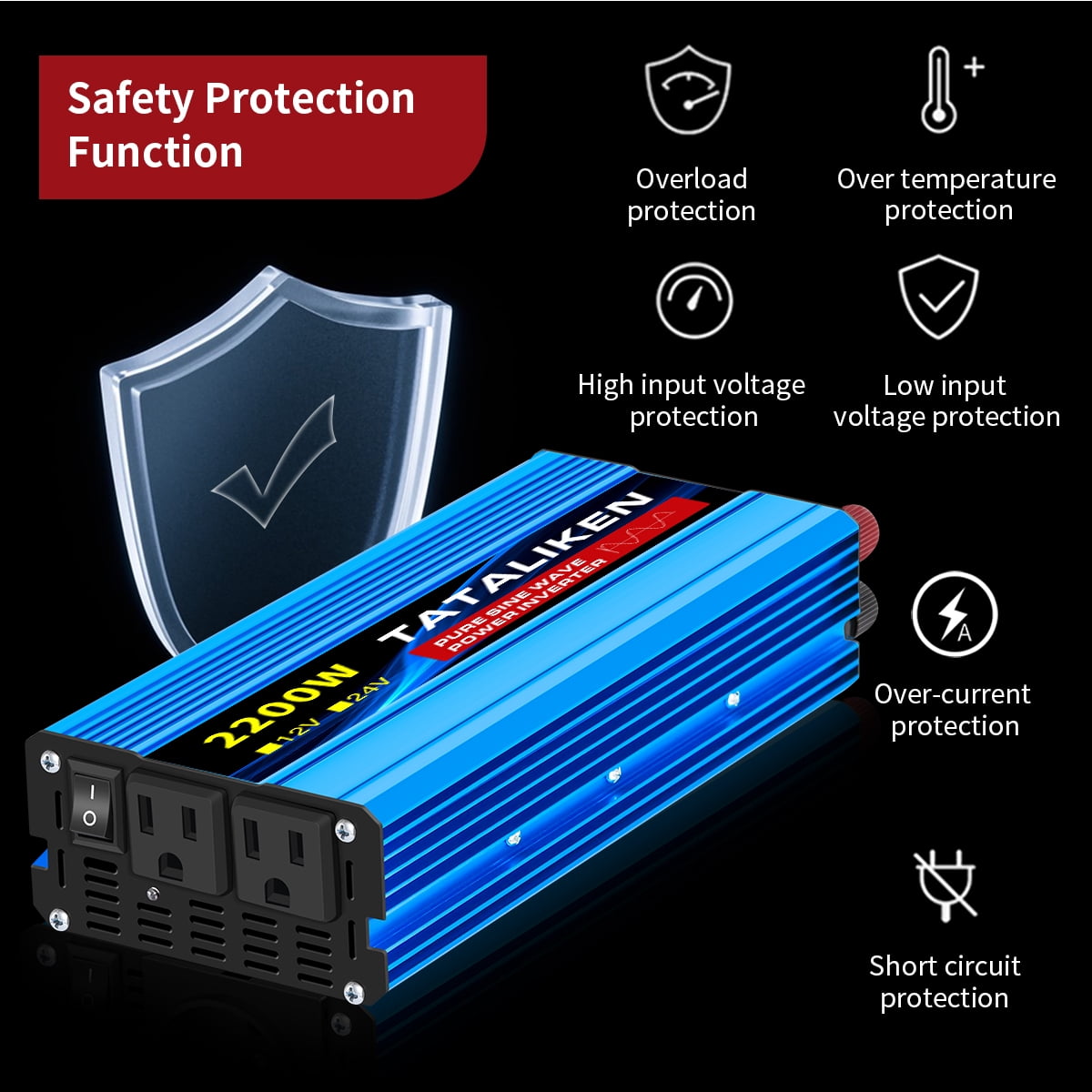 TATALIKEN 2200W（Rating power 1000 W）Pure Sine Wave Power Inverter DC 12V to AC 110V/120V Car Inverter with Battery Clamp Cable 2 AC Outlets for Power Tools Home Vehicles RV Truck, LCD Display Blue