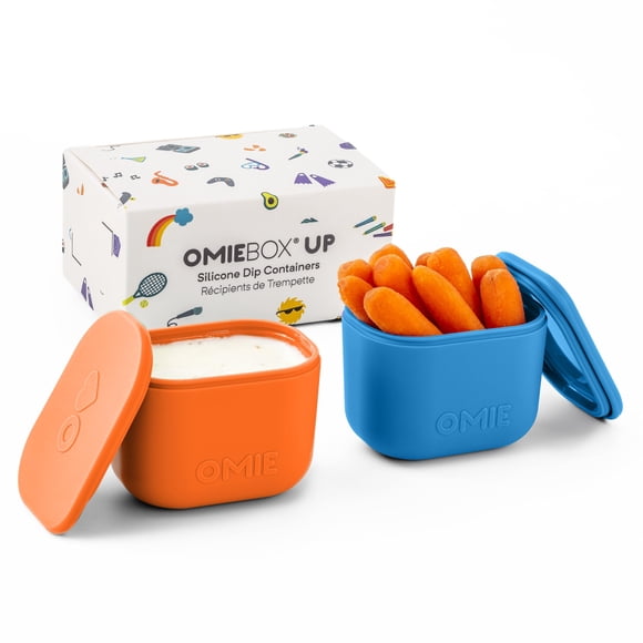 Omielife - UP (Paquete de 2) recipientes a prueba de fugas para llevar, recipiente de aderezo para ensaladas, recipiente de condimentos con tapas, silicona apta para alimentos, 4.5 onzas, Azul/naranja