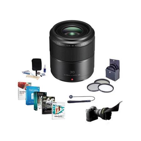 UPC: 0840014163557 | Lumix G Macro 30mm f/2.8 Aspherical Lens for Micro Four Thirds  Bundle with 46mm Filter Kit  Flex Lens Shade  Cleaning Kit  Lens Cap Tether  PC Software Kit