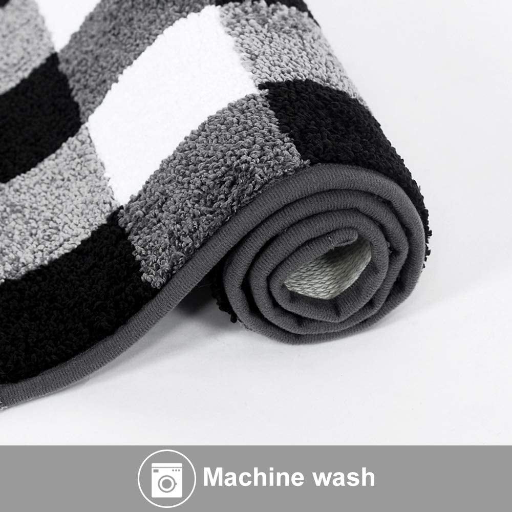2 Pieces Buffalo Plaid Check Rug Set Water Absorb Microfiber Non-Slip Kitchen Rug Bathroom Mat Checkered Doormat Carpet for Laundry 17"x48"+17"x24", Black and White