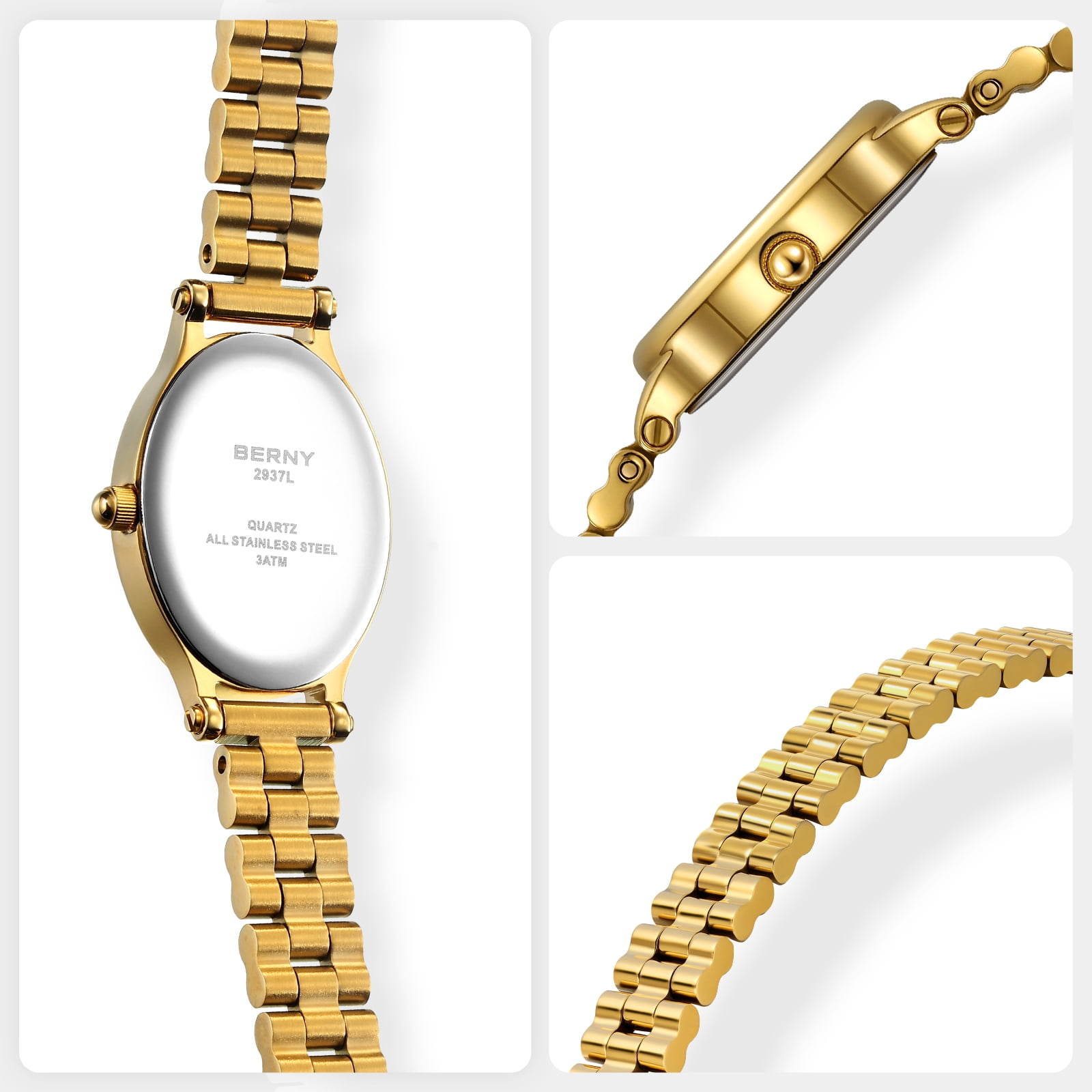 BERNY Small Gold Watches for Women, Dainty Luxury Oval Sunray Dial, Stainless Steel Bracelet Watch, Adjustment Tool Included, Waterproof, Fashion Ladies Analog Quartz Wrist Watch Gifts (Green)