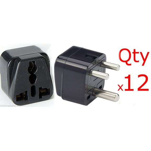 12 Pack India 3-Round Pin Plug Adapter with Universal Output Socket Black