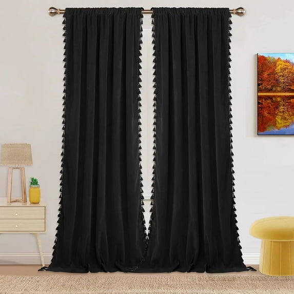 Haperlare Velvet Curtains with Boho Tassels for Living Room 42"W x 96"L Room Darking Rod Pocket Window Curtains for TV Room, Black, 2 Panels