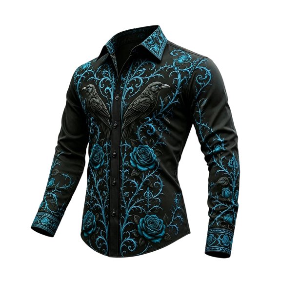 Men Long Sleeve Dress Shirts Black Base Teal Baroque Floral Ornament Print Button Up Collar Slim Fit Men Daily Dress Shirts