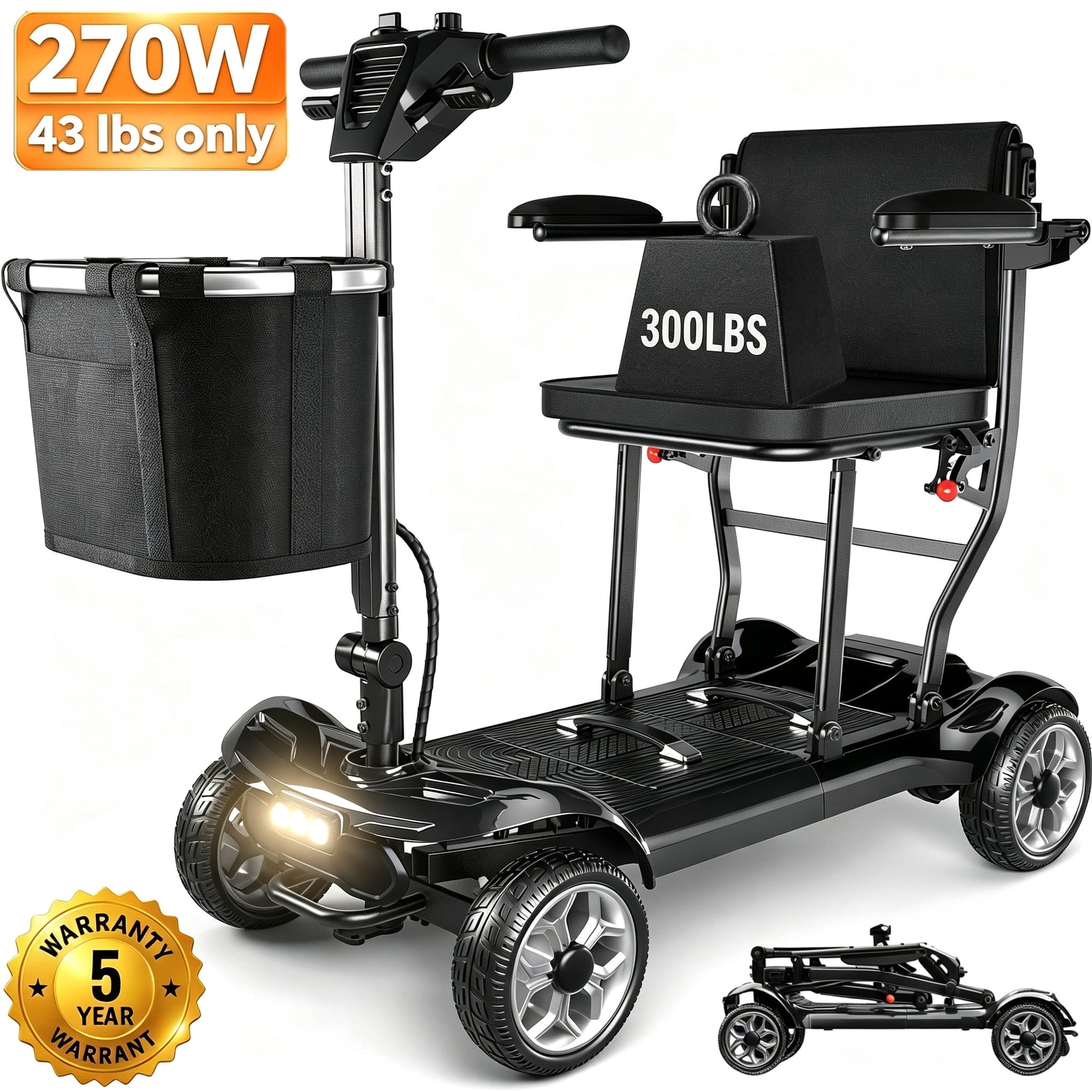 SACVON Ultra Lightweight Folding Mobility Scooter for Seniors, 43 LBS Portable Electric Scooter with Aluminum Frame, 270W, 15 Mile Range, 300 LBS Capacity, Black