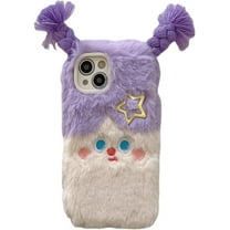 Cute Cartoon Plush Phone Case Compatible with iPhone 11, Funny 3D Purple Furry Winter Warm Plush Spoof Braids Face Shockproof Phone Cover for Girls Women