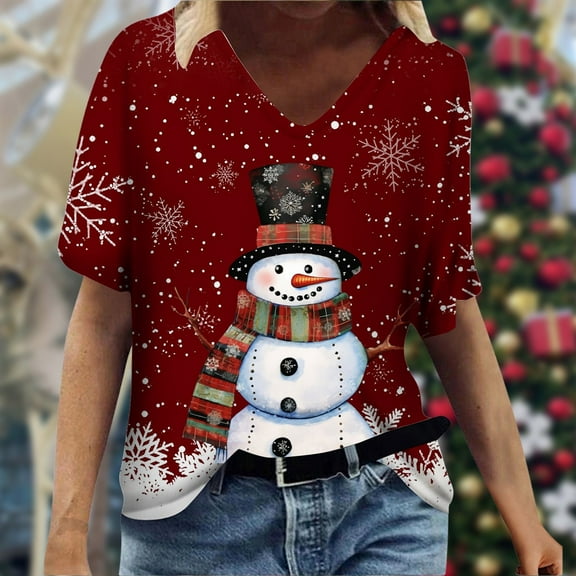Ladies Casual Fashion Christmas Theme Snowflake Snowman Print V Neck Short Sleeved T Shirt Top Womens Long Sleeve Spandex T Shirt Womens Tee Lightweight T Shirts Women Athletic Tops for Women Long