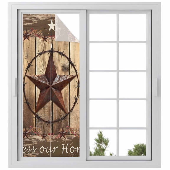 Rustic Country Window Privacy Film, Western Stars Brown Texture Wooden Print Static Cling UV Sun Blocking Heat Control Window Tint, Non-Adhesive One Way Windows Privacy Cover 29.5''x78.7''