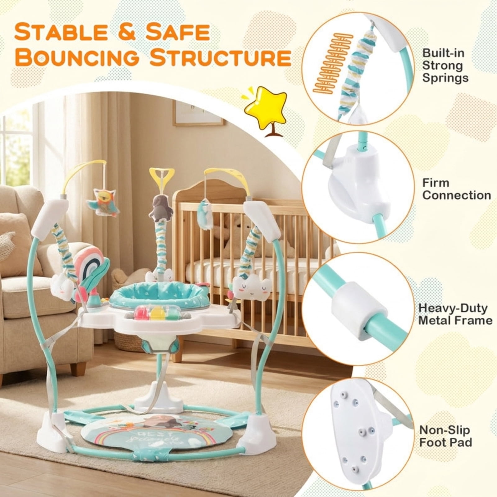 SUGIFT Height Adjustable Bouncer Activity Center Saucer with 360 Degree Rotating Seat, Interactive Toys, Music Tray and Removable Foot Pad for Nursery Play, Blue