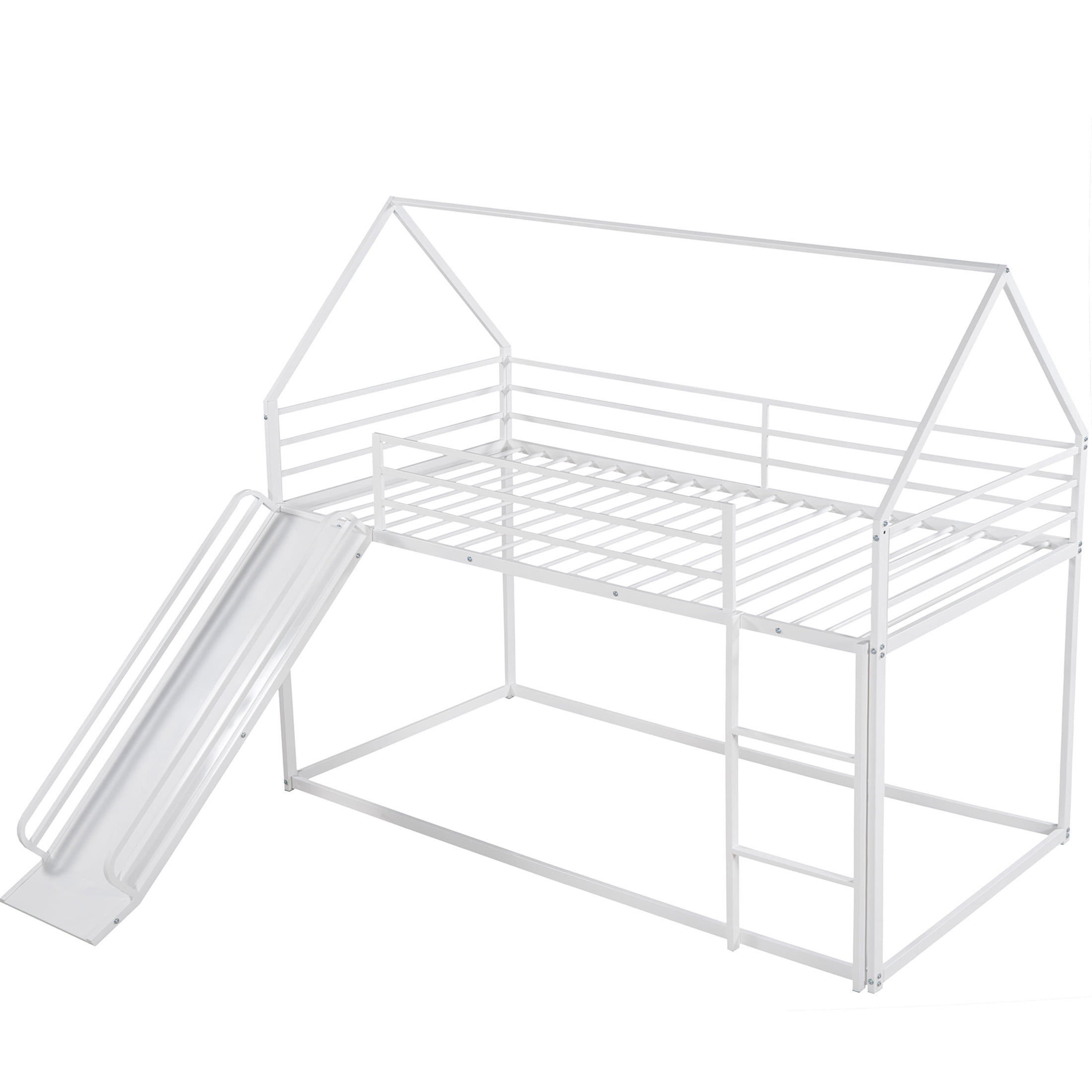 Aukfa Metal Bunk Bed with Slide, Twin over Twin, House Shape Loft Bunk Bed for Kids, White