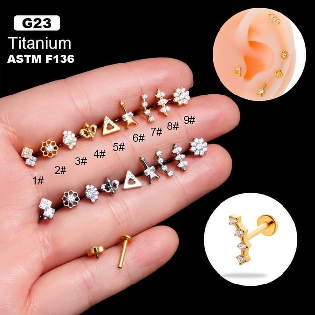Pendientes perforados de cartílago de moda con incrustaciones de circonita y titanio G23 para dientes internos, labio espinoso, uña, hueso de la oreja