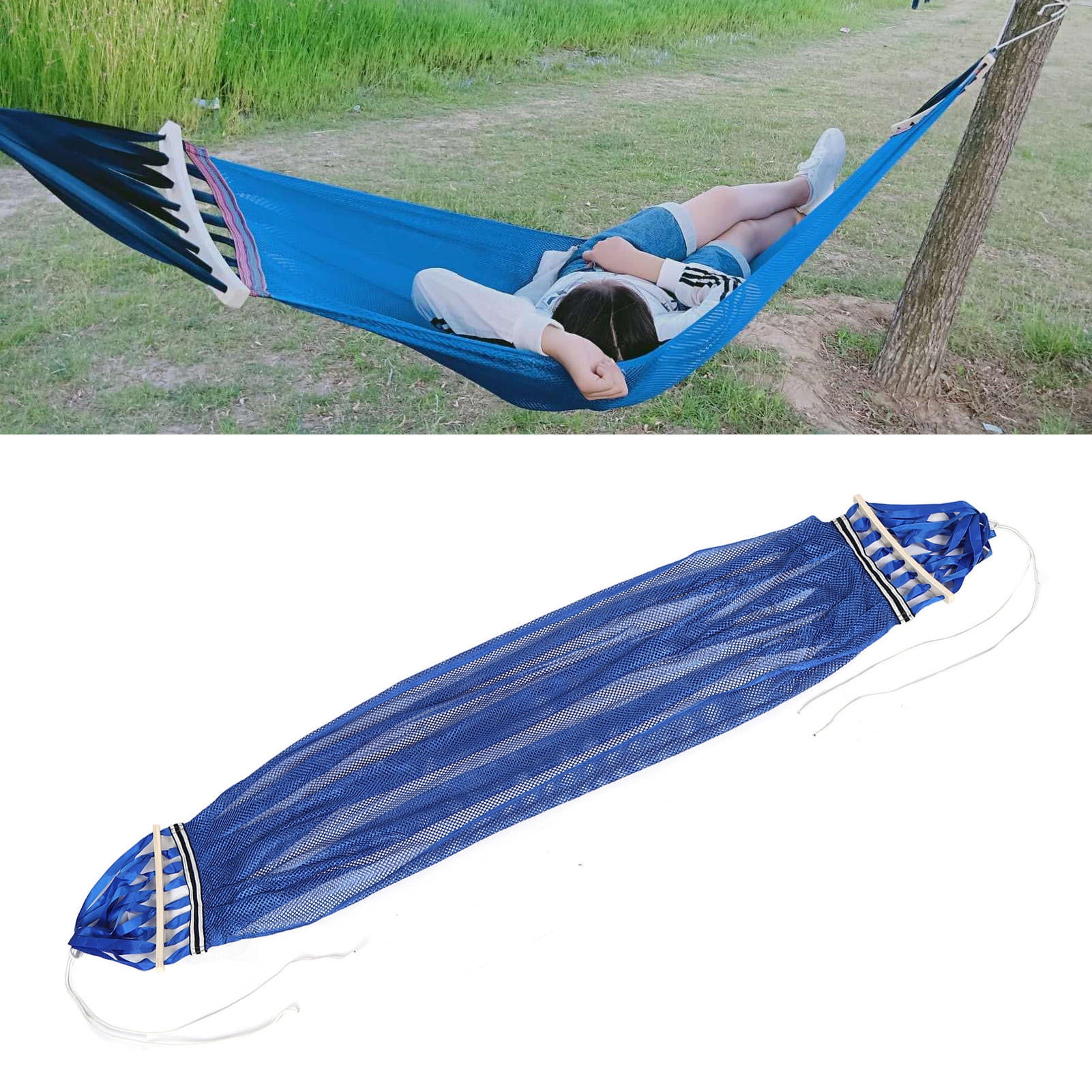 Rupoun Premium Nylon Anti‑Roll Mesh Hammock Swing 53 × 79 in Blue – Breathable, 200kg Capacity, Easy Install, Portable