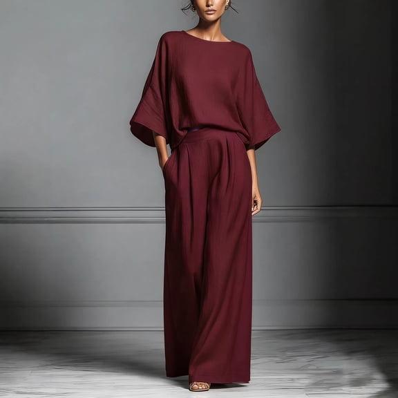 Gamivast Two Piece Sets for Women 3/4 Sleeve Boat Neck Top & Wide Leg Pants Outfits Crinkled Texture Summer Vacation Flowy Casual Modest Loose