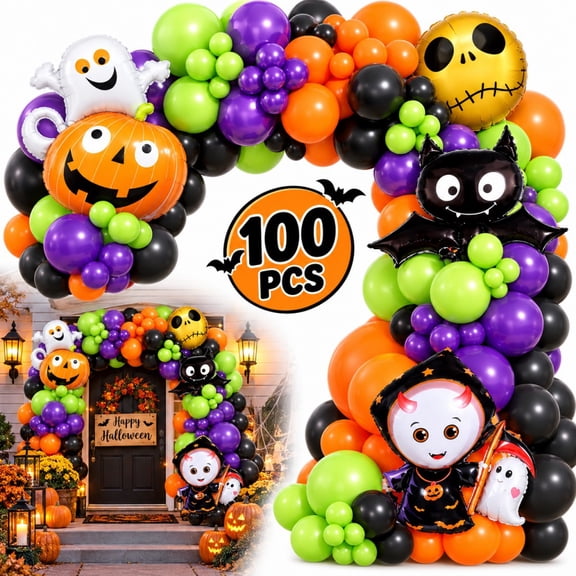 Balloon Arch Garland Kit, Pumpkin Ghost Boo Foil Balloons Black Orange Purple Balloons for Halloween Party Decor Indoor Outdoor