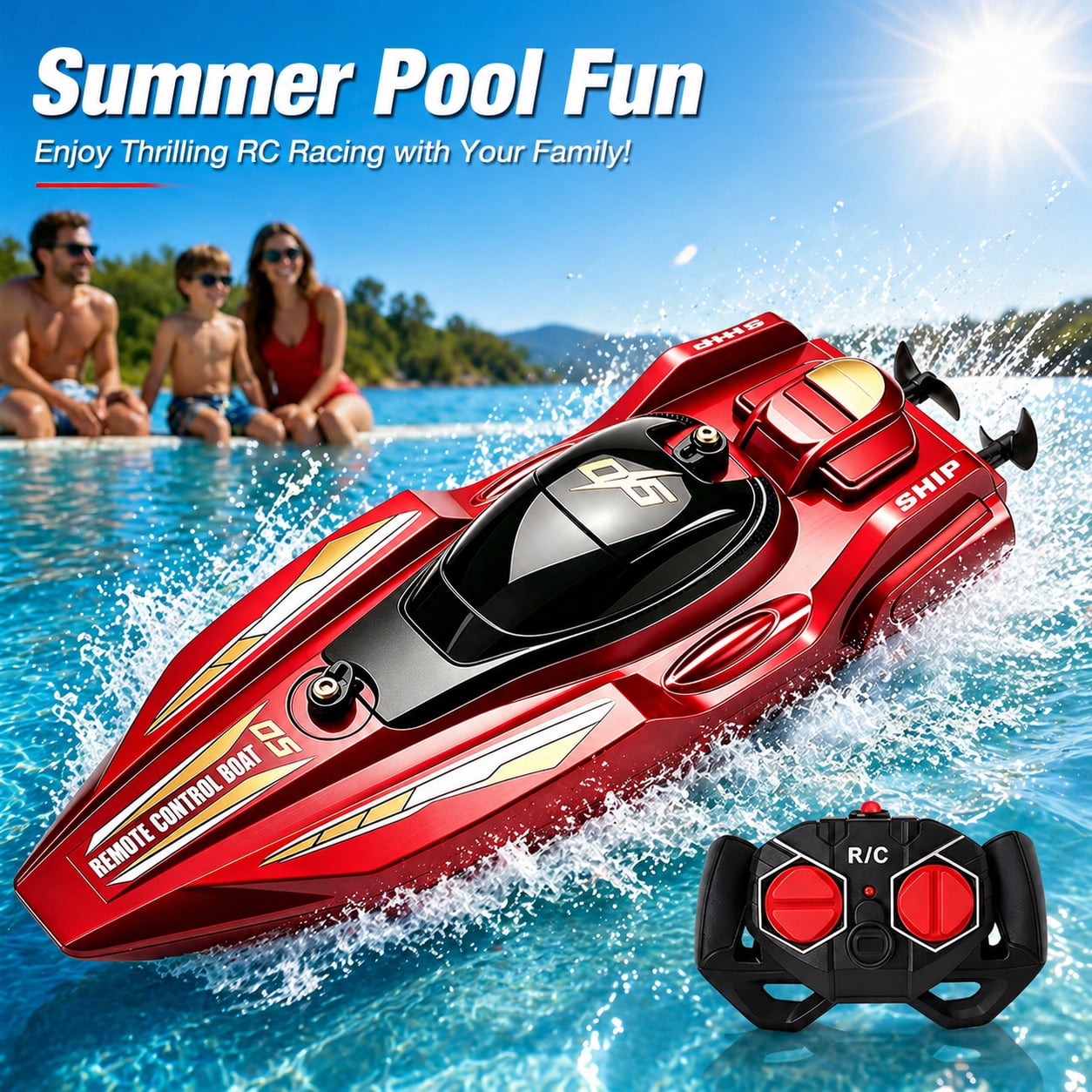 Funtogether High Speed Remote Control Boat for Pools and Lakes, 2.4GHz Waterproof RC Speedboat with Dual Motors, Blue