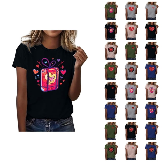 T-shirts de la Saint-Valentin pour Femmes 2026 à Manches Courtes Col Rond avec Cœur Graphique