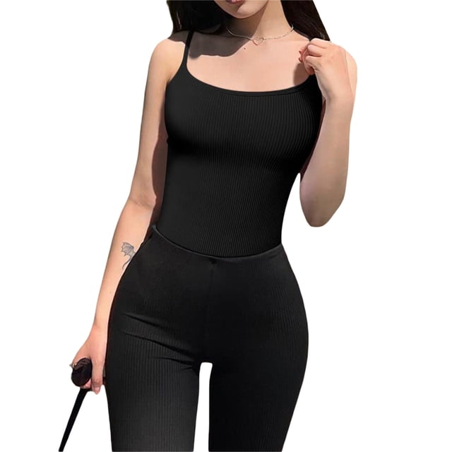 xiaxaixu Bodysuits for Women, Ribbed Sleeveless Scoop Neck Solid Color Shapewear Leotard Cami Tops