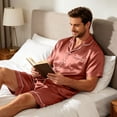 thumbnail image 6 of Garbnen Silk Mens Pajama Set 2 Piece Short Sleeve Button Down Sleepwear Pjs Shorts Set Casual Mens Loungewear Sets Brown XXL, 6 of 7