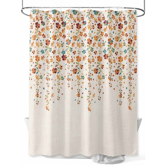 Flower Orange Shower Curtain, Blue Cherry Blossoms Cotton Linen Background Waterproof Shower Curtain Set with 12 Hooks Lightweight Washable Fabric Shower Curtains for Bathroom 72x72 Inches
