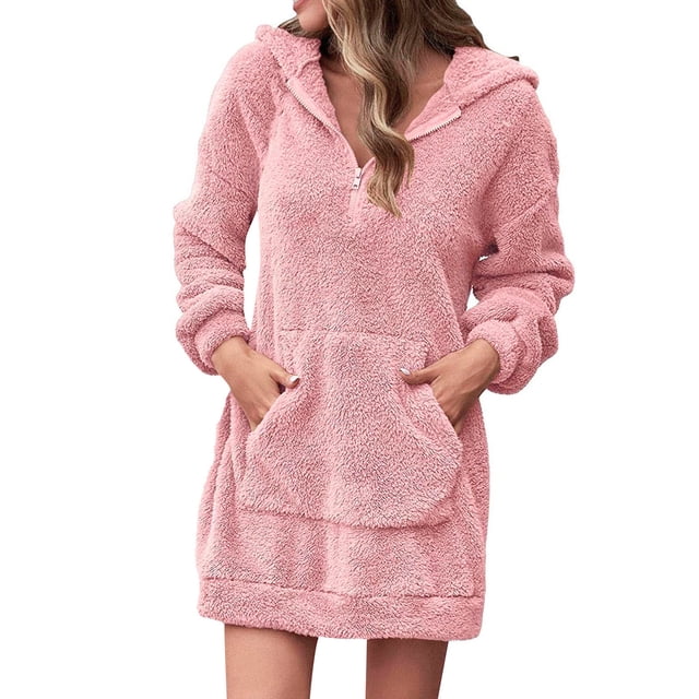 Liquidation d'Hiver! Robes pour Femmes, Robe à Capuche Décontractée à Manches Longues avec Poche pour Femmes, Chandail à Capuche, Robe Unie Rose m