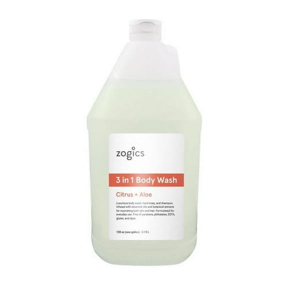 Zogics 3 in 1 Body Wash, Hand Soap & Shampoo, Citrus Aloe (1 Gallon or Case of 4)