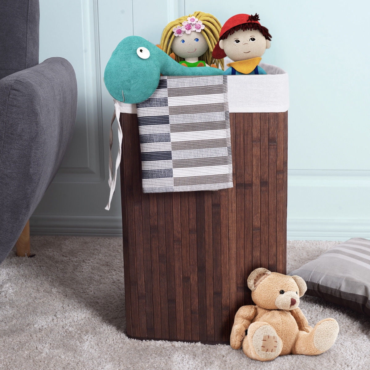 Costway Corner Bamboo Hamper Laundry Basket Washing Cloth Bin Storage Bag Lid Brown