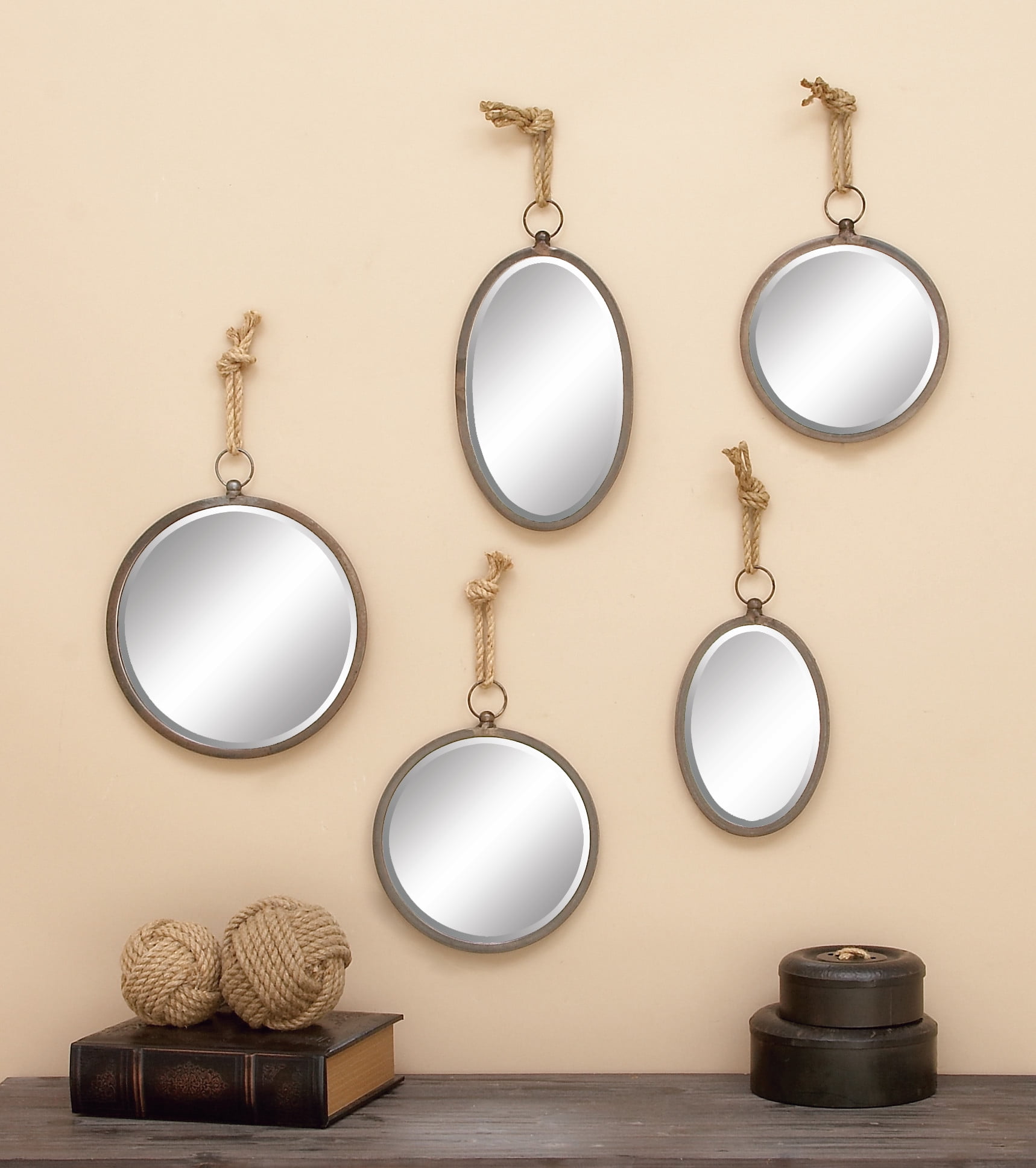 DecMode Round Gray Metallic Hanging Wall Mirror with Rope Hanger, Set