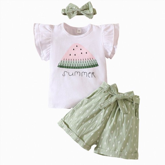 felwors Toddler Baby Girls Clothes Watermelon T-shirt Linen Shorts with Belt Cute Summer Short Set (18-24 Months,Green)