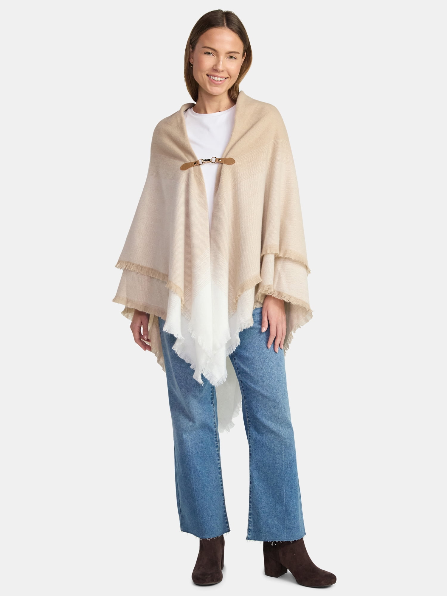 Time and Tru Women's Gradient Weave Toggle Poncho, Tan, Sizes S/M-L/XL