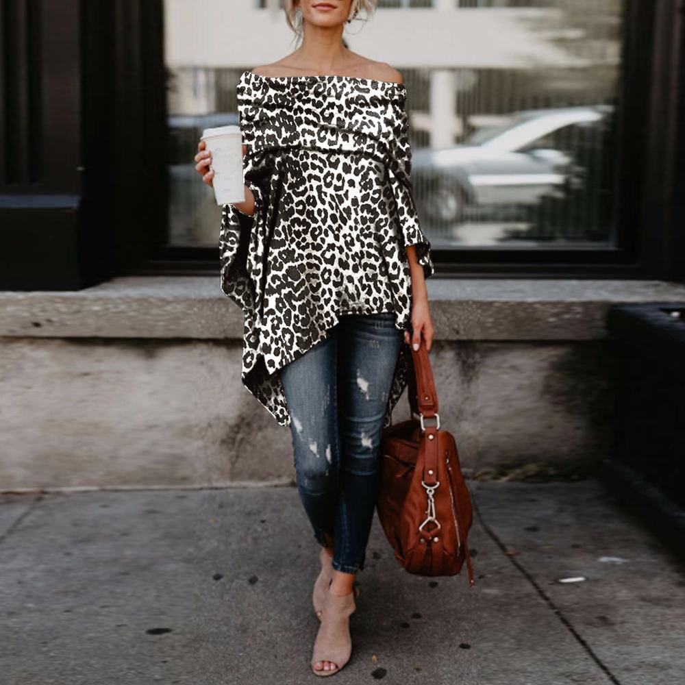 Women Off Shoulder Leopard Printed T-Shirts Long Sleeve Tops
