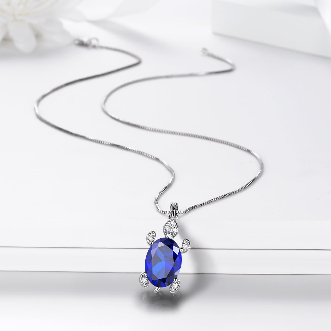 Juwaliy Turtle Necklace Sapphire September Birthstone Charm 925 Sterling Silver Blue Crystal Pendant Jewelry Women Daughter Wife Mother Christmas Birthday Gifts