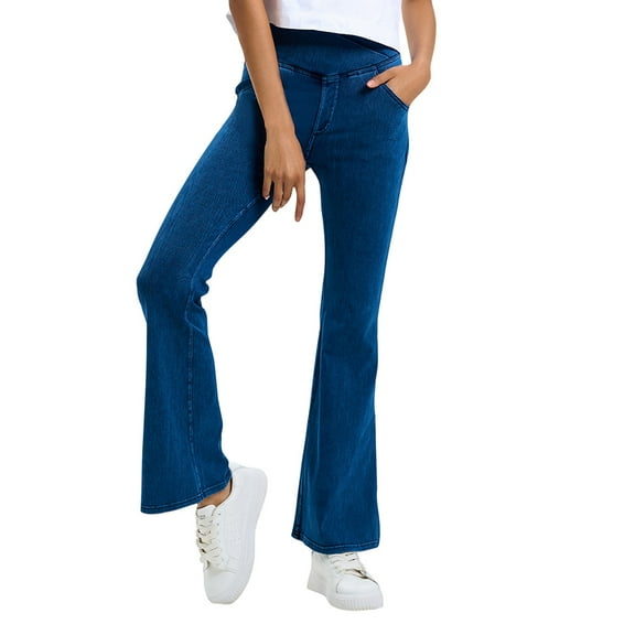 Xyxonk Flare Jeans for Women's Crossover High Waisted Pull on Bell Bottom Jeggings 2025 Trendy Solid Color Yoga Pants with Pockets Royal Blue L