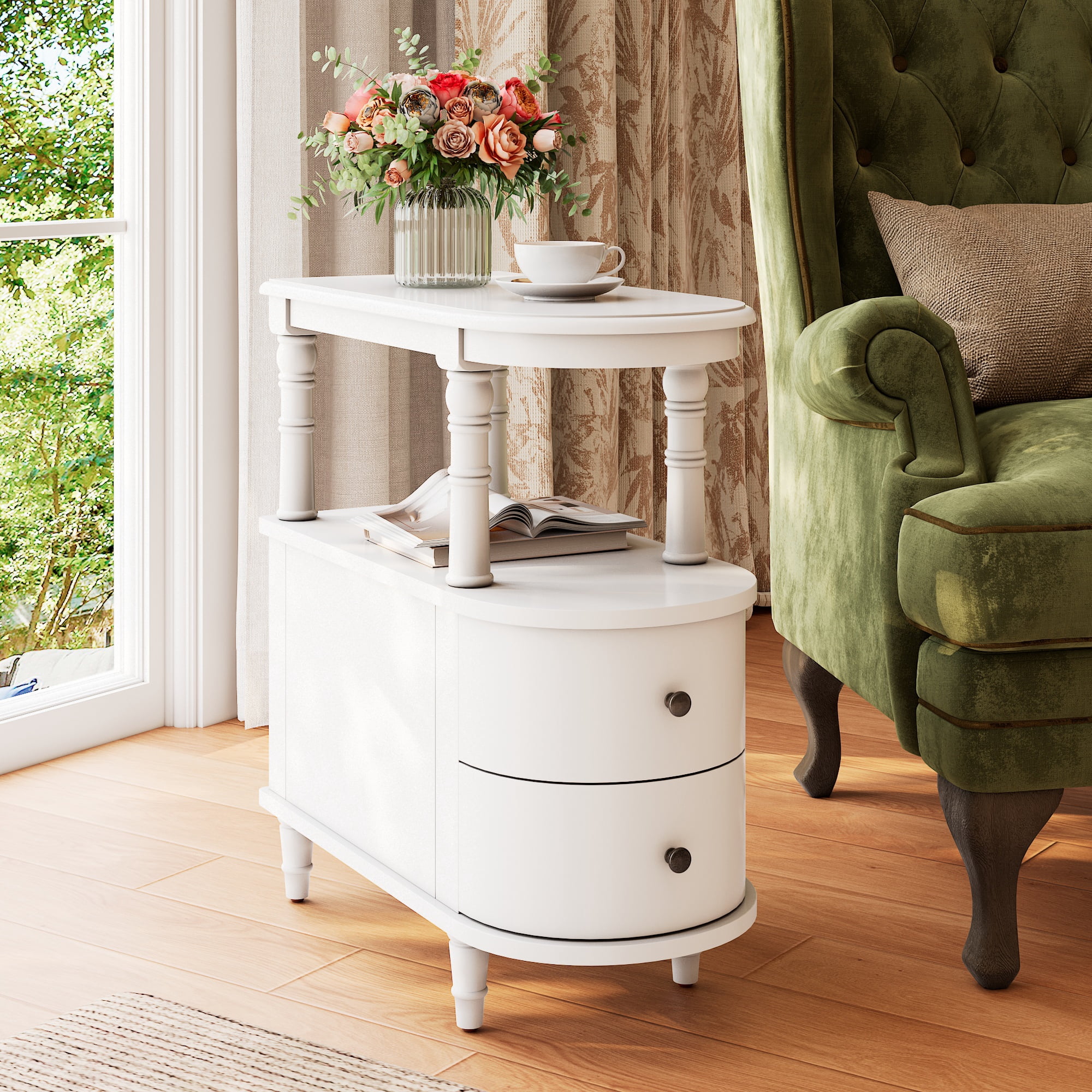 Solid Wood End Table with 2 Drawers, Narrow Sofa Side Table Slim Chair Side Table with Storage Shelf, Vintage Slim Nightstand Bedside Table (White)