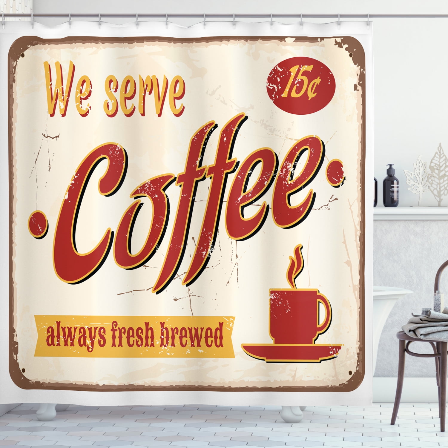 Bathroom Accessories 69W X 70L Inches Cream Red Orange Ambesonne 1950S Decor Shower Curtain Set Retro Style Tin Rusty Faded Fresh Brewed Coffee Print From Old Days Fifties Art Work 