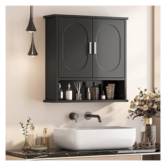 23x24 Bathroom Medicine Cabinet,2 Doors Oval Bathroom Wall Cabinet,Over The Toilet Storage Cabinet for Bathroom/Kitchen,Wall Mounted Medicine Cabinets,Black Bathroom Cabinets with Storage