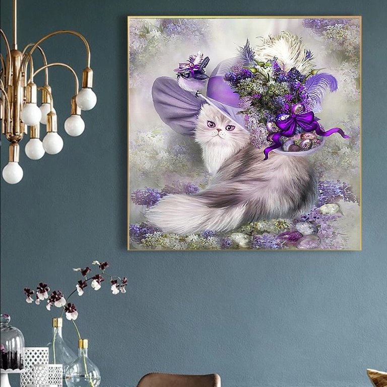 5D DIY Purple Hat Cat Diamond Art Canvas Embroidery Decorative Painting 