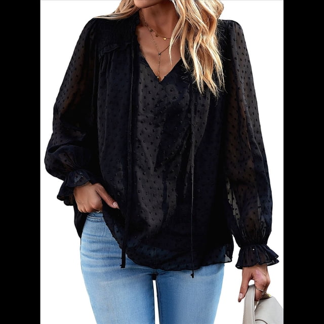 Blusa Informal de Verano para Mujer, con Lunares Suizos, Cuello en V, Larga, Holgada y Elegante, Ideal para Oficina. Negro M