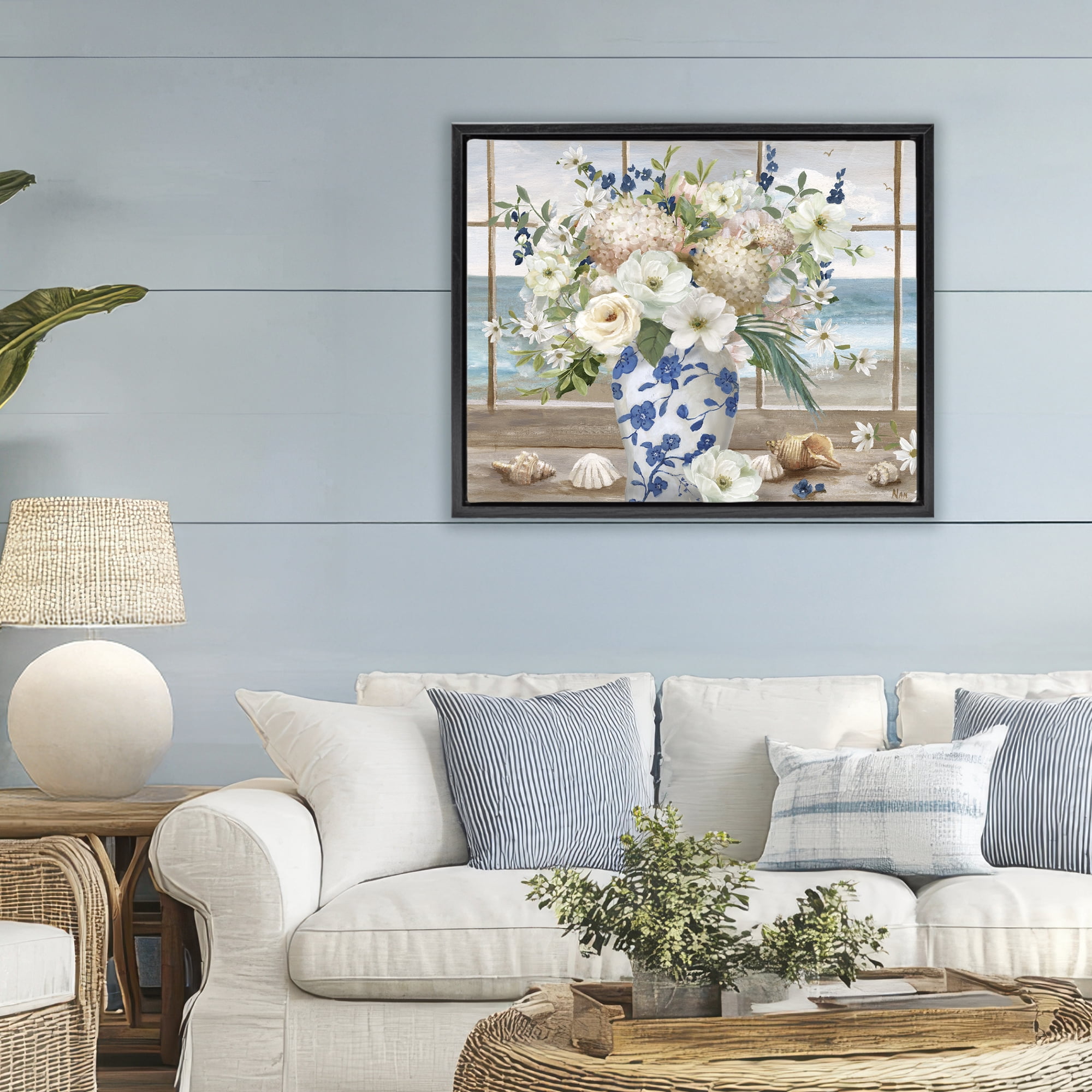 Stupell Industries Seashells & Flowers Windowsill Black Framed Floater Canvas Wall Art, design by Nan