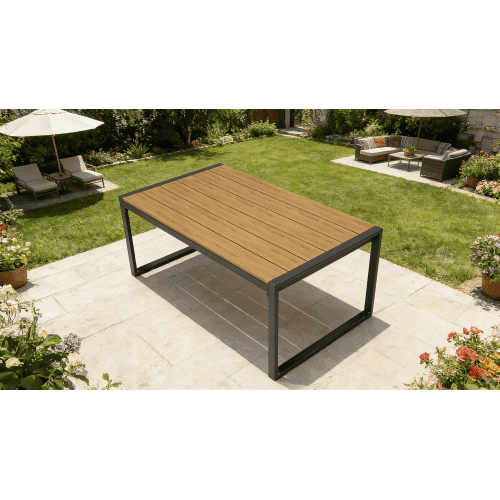 Steel Outdoor Patio Coffee Table, Modern Rectangle Table with Weatherproof PS Wood-Like Tabletop for Porch, Balcony & Yard, Black