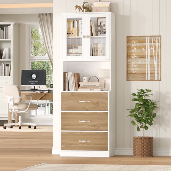 Homfa 71" Tall Bookcase with Glass Doors & 3 Drawers, White Khaki Bookshelf Storage Cabinet with Adjustable Shelf