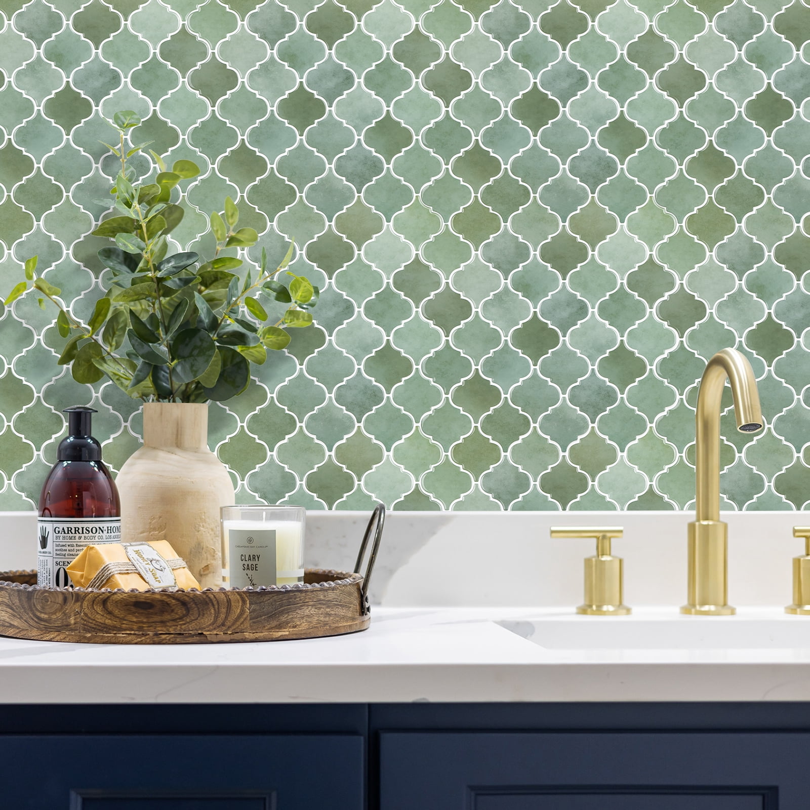 Thicker Upgrade Sage Green Peel and Stick Arabesque Vinyl Tile Backsplash 12 x 12 inch ( set of 10)
