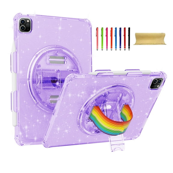 Allytech Glitter Case for Apple iPad Pro 11 4th 3rd 2nd 1st Gen 2022/2021/2020/2018/ iPad Air 4/ Air 5 10.9" - Anti-Yellow Kickstand Shockproof Drop Protection Rotating Strap Case for Girl Women