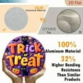 thumbnail image 4 of 2D Flat, Halloween Round Aluminum Wall Sign - 8*8 Inch Trick or Treat Decoration with Black Cats, Pumpkins & Bats - Vibrant Purple & Orange American-Style Holiday Decor for Home, Office, Garden, 4 of 6