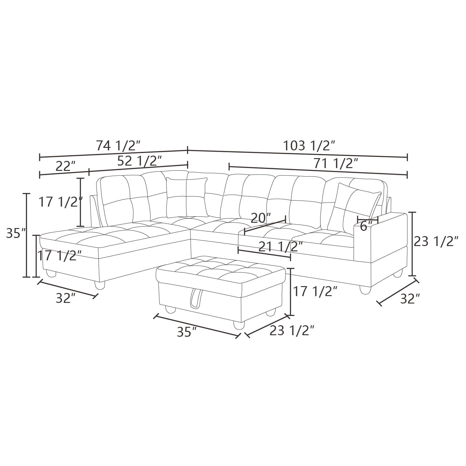 Hommoo 4-Seat Semi Semi PU Synthetic Leather Sectional Sofa Sets, L Shaped Sectional Couches and Sofas with Waistline, Modern Living Room Furniture Sets, White and Black(No Ottoman)